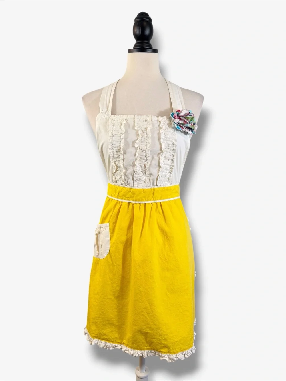Anthropologie Halter Apron White Yellow Rosette Ruffle Boho Vintage Cotton